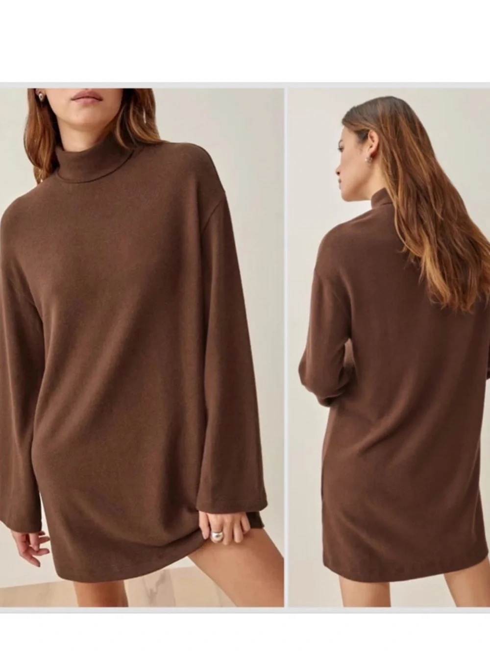 Reformation Aspen Mini Dress Womens Medium Brown Turtleneck Longsleeve - Picture 4 of 12